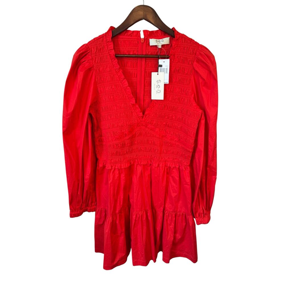 SEA NY NWT Scarlet Gaia Solid Cotton Longsleeve Mini Dress Sz 12 Valentine’s Day - Picture 2 of 14